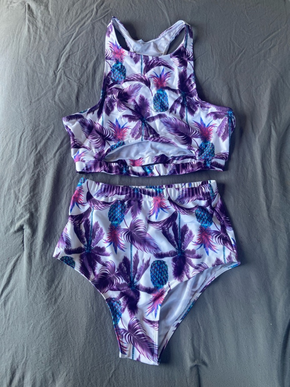 New Without Tags Purple Pineapple Print High-Waist Bikini